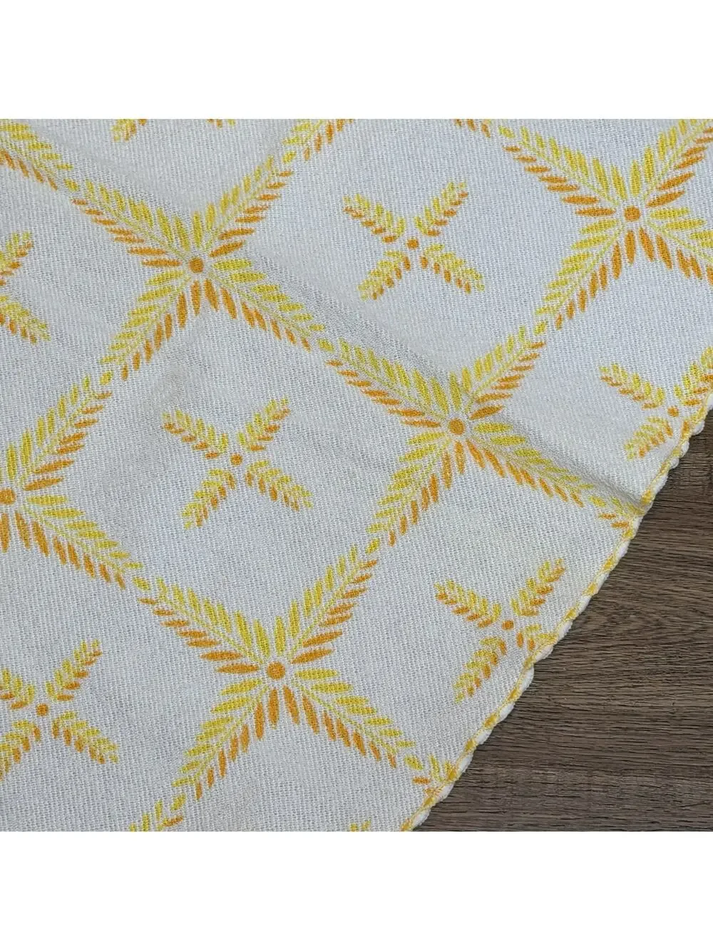 Vintage Round MCM Terry Cloth Tablecloth White Yellow Orange Leaves 72